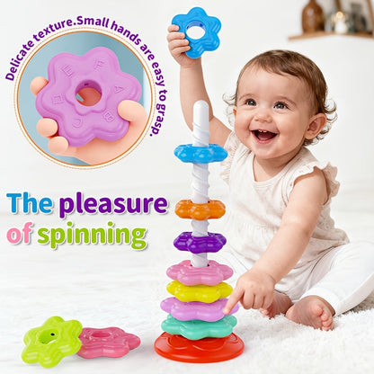 Tour à empiler rotative arc-en-ciel pour tout-petits – Jeu d'anneaux à empiler de 10 pièces pour la reconnaissance des couleurs et le développement cognitif | Jouet éducatif STEM multicolore pour enfants de 1 à 3 ans