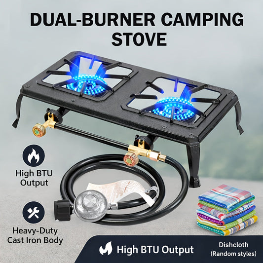 2-Burner Propane Camping Stove High BTU Outdoor Gas Cooker – CSA Listed, Regulator & Hose Included, Dishcloth Included – Ideal for Camping, Garden, BBQ, Gatherings & Outdoor Parties