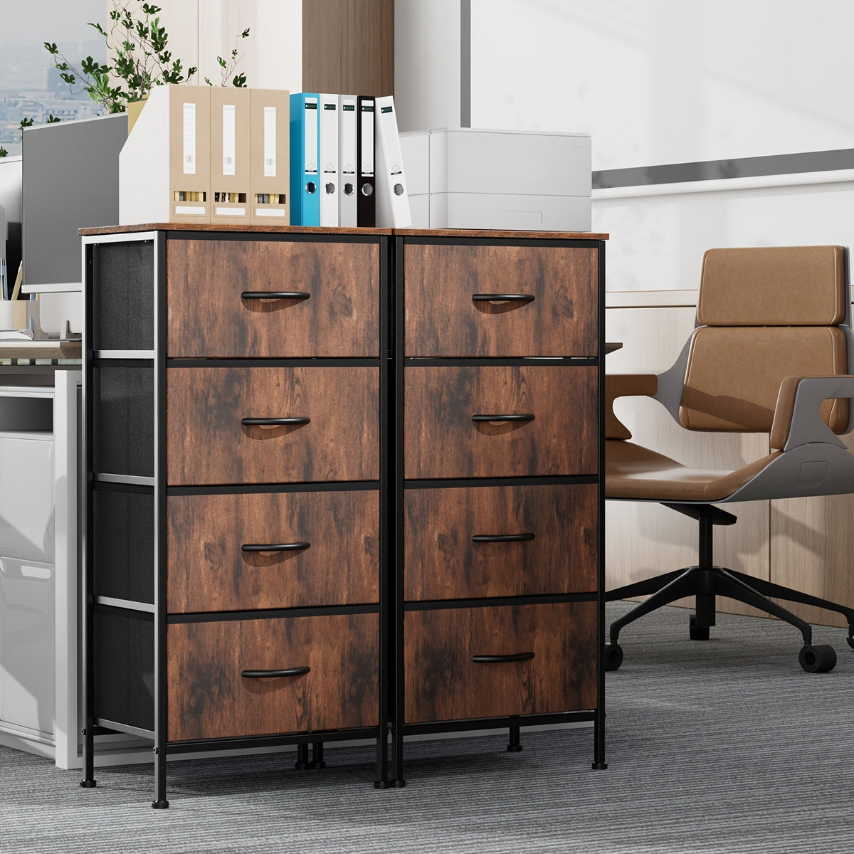 Meuble à tiroirs avec cadre en métal et dessus en bois massif – Organisateur de rangement pour bureau à domicile, 2 à 10 tiroirs, assemblage requis – Blanc, gris, noir, brun rustique – Caisson de rangement pour chambre, salon et bureau