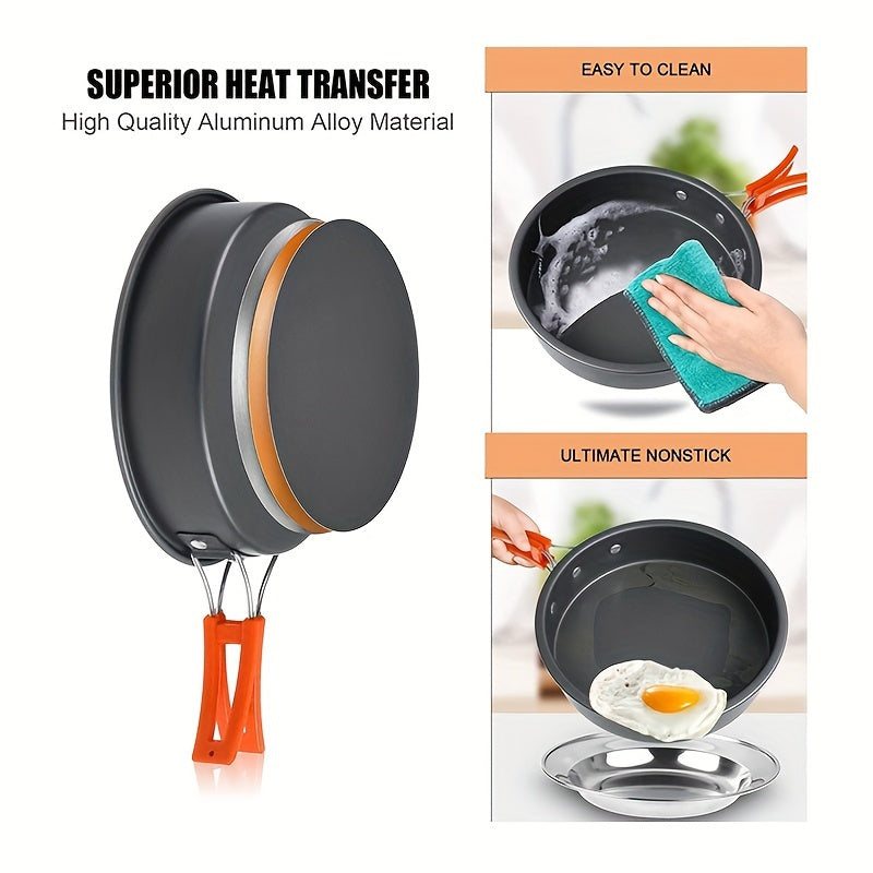 Set de cuisine de camping portable pour 2-3 personnes – Casserole antiadhésive, poêle et bouilloire avec rangement pliable, kit de cuisine d'extérieur léger pour la randonnée, le trekking et les voyages