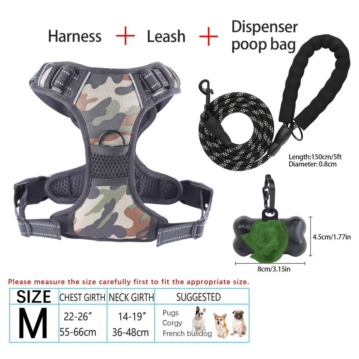 Ensemble harnais et laisse pour chien 4 pièces, gilet réfléchissant en Oxford anti-traction et anti-étranglement avec laisse, distributeur de sacs à déjections et poignée de contrôle facile, pour chiens moyens et grands, dressage et promenade en extérieur