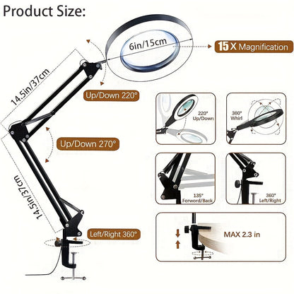 15X Magnification LED Magnifying Glass Lamp with Adjustable Arm & Clamp Base – Dimmable 3-Color Light, USB-Powered Desk Magnifier for Reading, Crafts, Manicure, Sewing & Precision Work (Black/White)