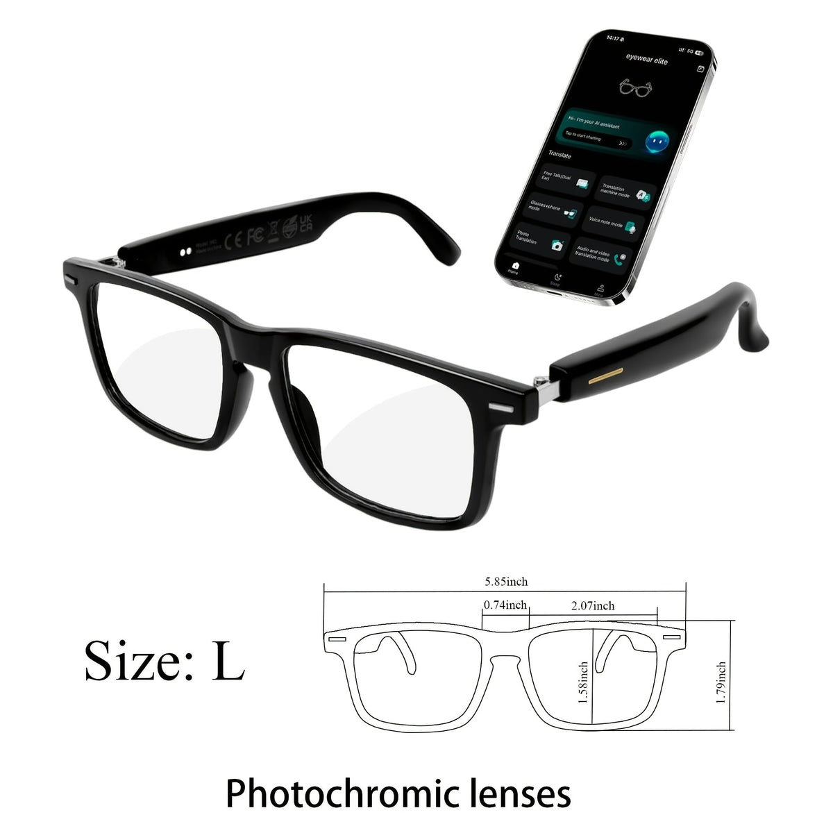 Lunettes intelligentes avec traduction instantanée en 160 langues, assistant GPT, audio Bluetooth 5.2, appels mains libres, lecture de musique, verres photochromiques et anti-lumière bleue – Technologie portable unisexe