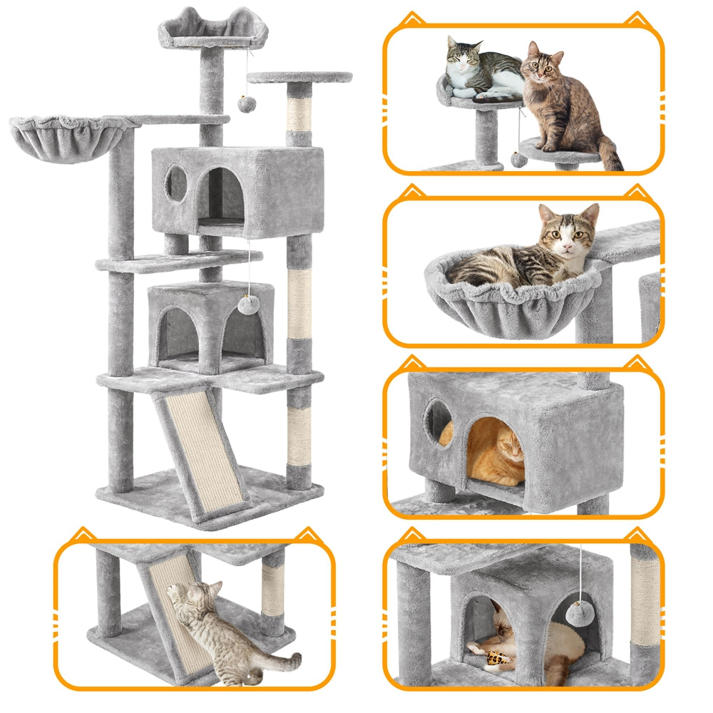 Arbre à chat multiniveaux de 145 cm avec 2 niches – poteaux à griffer en sisal, balle suspendue, plateforme ronde et échelle pour chatons et petits chats d'intérieur, 6 couleurs, cadeau de Noël pour les amoureux des chats