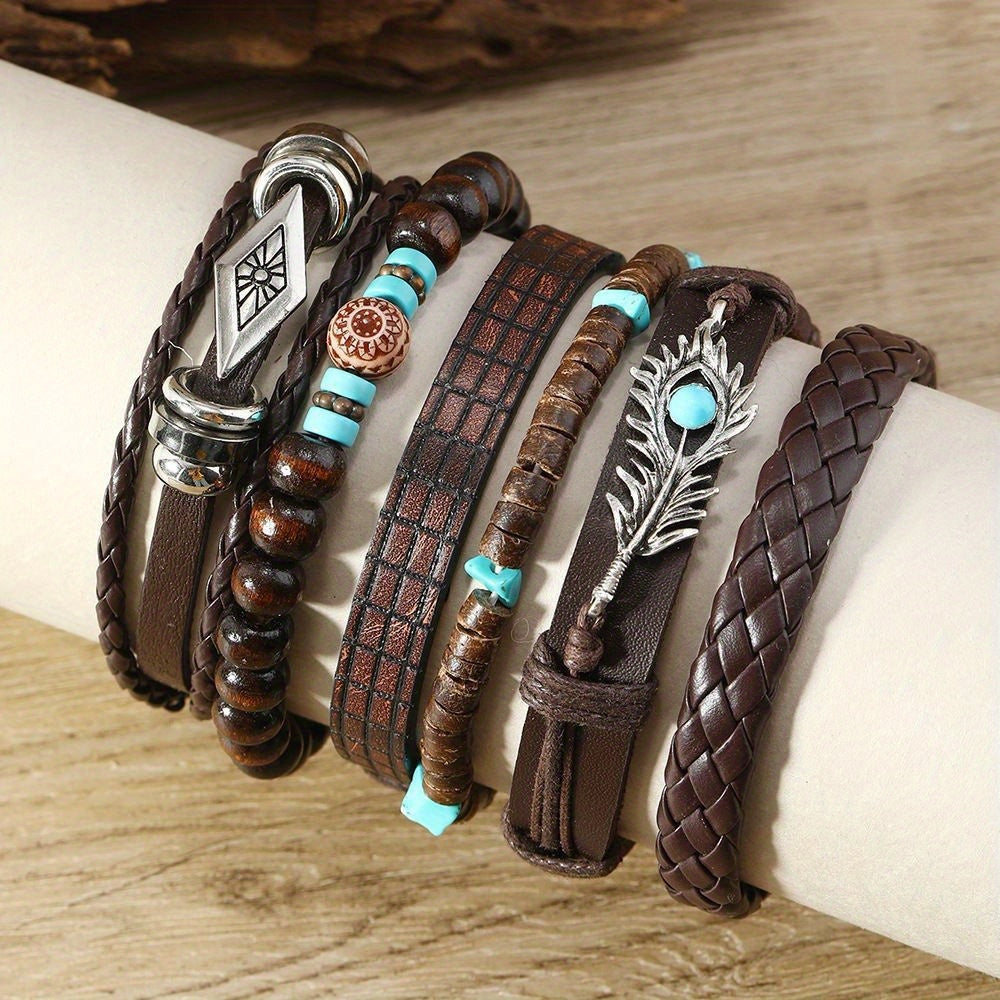 Lot de 24 bracelets bohèmes style western turquoise – Superpositions de bracelets tissés avec plumes, perles en bois et breloques en alliage, bracelets rétro empilables pour femme, cadeau idéal ou souvenir de fête