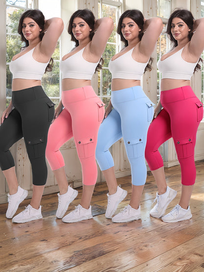 Lot de 4 pantalons de yoga Capri taille haute pour femmes, extensible dans les 4 sens, galbant, gainant, 4 poches - Leggings de sport pour la course, S-XXL, toutes saisons