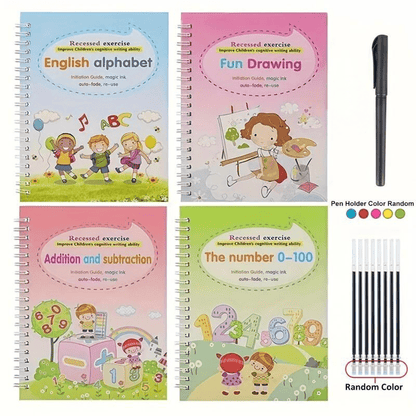 Lot de 4 cahiers d'exercices de calligraphie magiques réutilisables avec stylo et 8 recharges, cahiers d'entraînement à l'écriture pour enfants, kit d'écriture à l'eau réutilisable, cadeau de Noël pour enfants