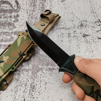 Couteau à lame fixe pour extérieur – Lame droite en acier inoxydable, manche antidérapant, étui type K, couteau EDC pour chasse, pêche, camping, survie, camouflage, outil de terrain polyvalent pour hommes