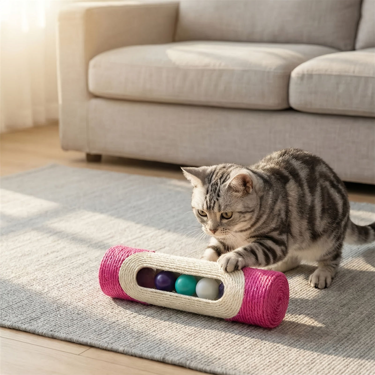 Jouet à griffer pour chat en corde de sisal - Griffoir tambour long avec 3 balles rotatives, jouet interactif résistant aux morsures et aux griffures pour chats d'intérieur, divertit les chats et protège les meubles