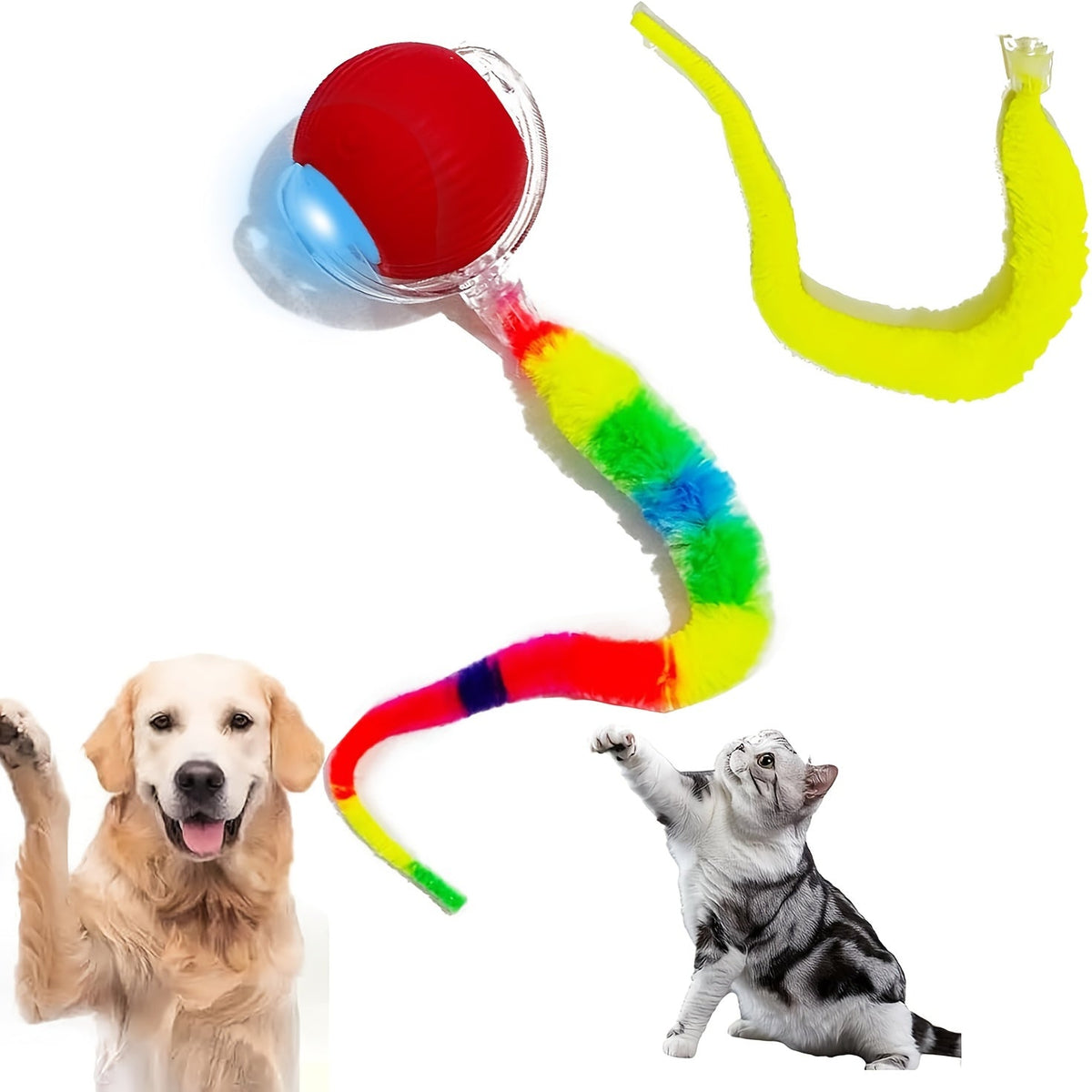 Jouet balle roulante automatique pour chat, rechargeable par USB, lumineux, intelligent et auto-divertissant, en plastique résistant aux morsures avec queue en forme de chenille pour chats et chatons d'intérieur, version améliorée de deuxième génération