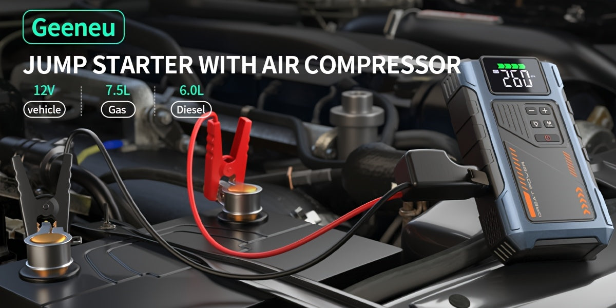 Démarreur de voiture 4000A avec compresseur d'air et gonfleur de pneus – Booster de batterie portable tout-en-un pour moteurs essence et diesel, lampe LED, batterie externe USB, affichage numérique, démarreur d'urgence compact
