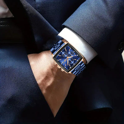 Montre à quartz analogique carrée pour homme LIGE – Bracelet en acier inoxydable, affichage du calendrier, montre-bracelet style sport preppy pour hommes et adolescents, 8 options de couleur, cadeau d'anniversaire ou de remise de diplôme bleu noir doré