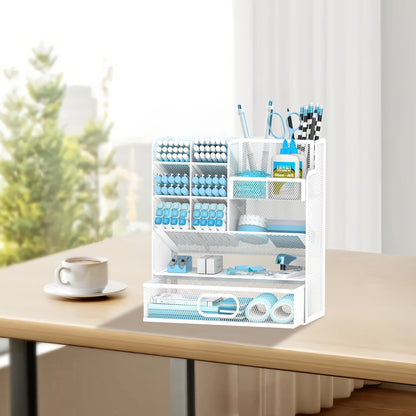 Organisateur de bureau en maille avec tiroir et porte-stylo – Rangement pour crayons pour bureau, école et atelier d'art, design en maille respirante, disponible en noir, jaune et bleu