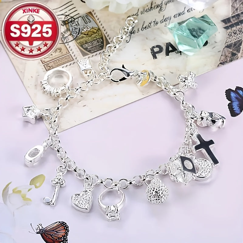 Bracelet à breloques pour femme en argent sterling 925 - Bijou de poignet élégant et léger de 2,5 g avec incrustation de zircone cubique vintage, idéal pour le quotidien, les festivals de musique, les anniversaires et les cadeaux de fêtes