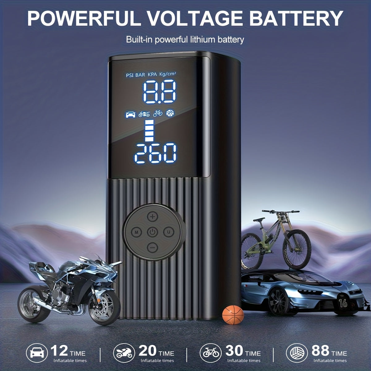 Gonfleur de pneu portable 210 PSI sans fil avec manomètre numérique, batterie rechargeable et lampe LED – Pompe à air sans fil pour voiture, moto, vélo et ballons de sport – Velora