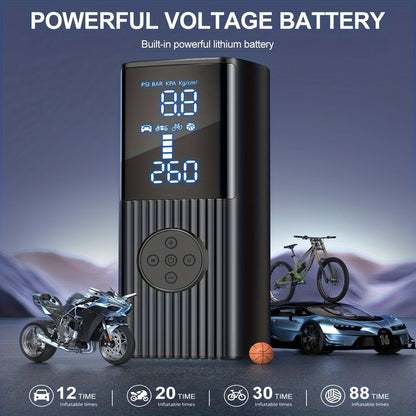 Gonfleur de pneu portable 210 PSI sans fil avec manomètre numérique, batterie rechargeable et lampe LED – Pompe à air sans fil pour voiture, moto, vélo et ballons de sport – Velora
