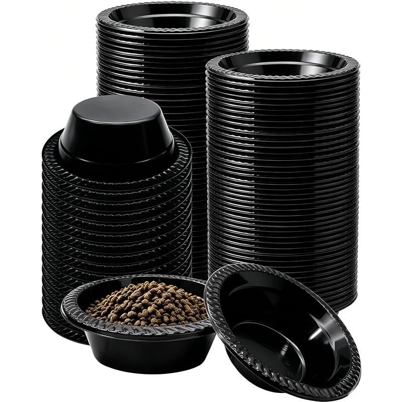 Gamelles jetables pour animaux, lot de 50, 355 ml – Bols ronds en plastique noir pour petits et moyens chiens, voyage, refuge, chenil, extérieur et alimentation d'urgence, empilables, hygiéniques à usage unique