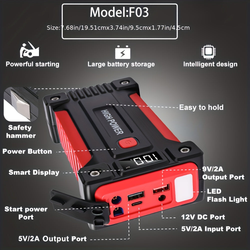 Démarreur de batterie portable pour voiture 1600A–3000A 12V – Booster d'urgence compact pour moteurs essence et diesel avec ports de charge USB et lampe de poche LED