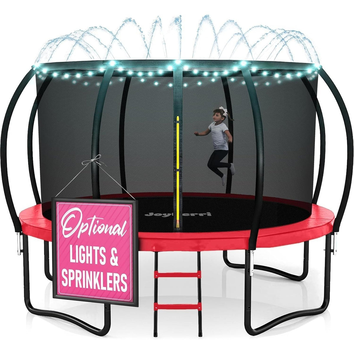 Trampoline d'extérieur JoyBerri avec filet de sécurité - Trampoline de jardin de 8 à 16 pieds pour enfants et adultes, cadre robuste antirouille, lumières LED, arroseur et échelle inclus | Cadeau de remise en forme amusant pour toute la famille