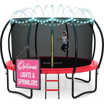 Trampoline d'extérieur JoyBerri avec filet de sécurité - Trampoline de jardin de 8 à 16 pieds pour enfants et adultes, cadre robuste antirouille, lumières LED, arroseur et échelle inclus | Cadeau de remise en forme amusant pour toute la famille