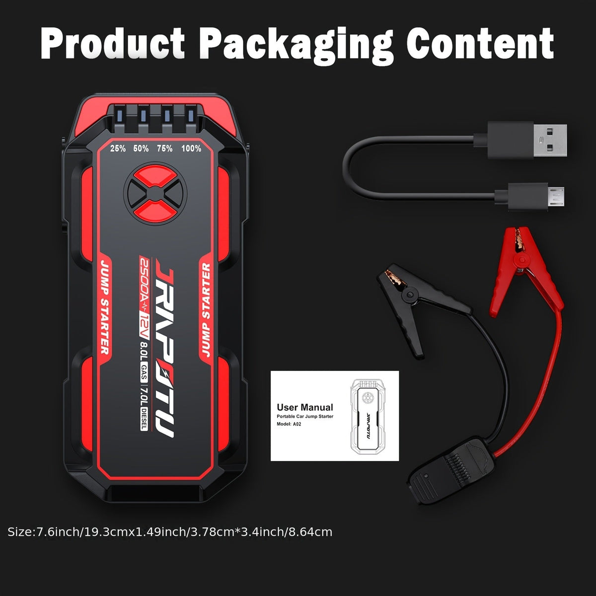 Démarreur de voiture portable 2500A crête | Booster de batterie 12V 8000mAh-10000mAh, jusqu'à 30 démarrages, ports de charge USB et lampe de poche LED – Convient aux moteurs essence 7.0L et diesel 8.0L, camions, SUV, motos