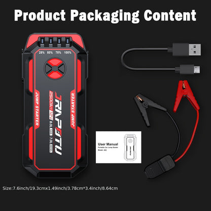 Démarreur de voiture portable 2500A crête | Booster de batterie 12V 8000mAh-10000mAh, jusqu'à 30 démarrages, ports de charge USB et lampe de poche LED – Convient aux moteurs essence 7.0L et diesel 8.0L, camions, SUV, motos