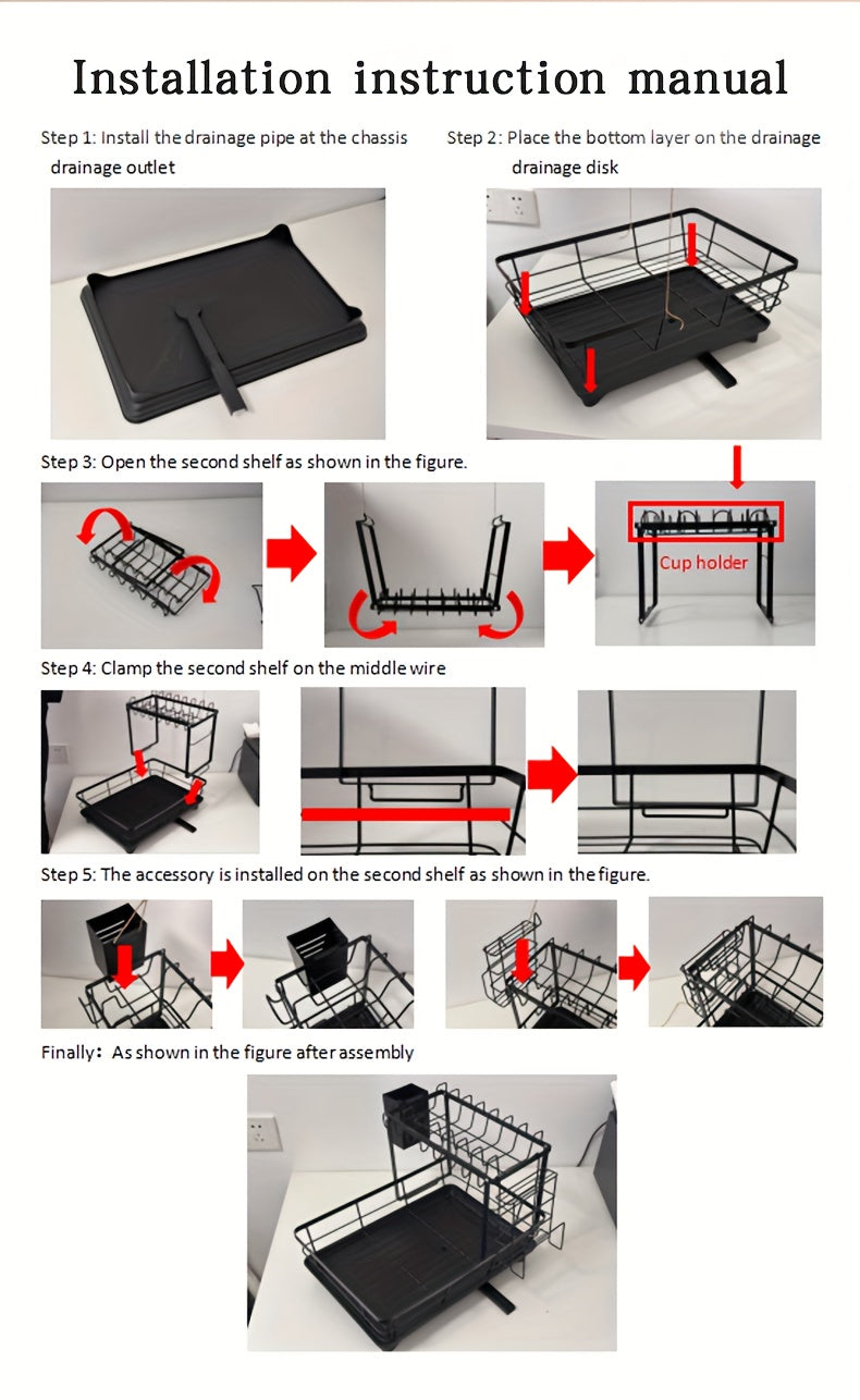 Égouttoir à vaisselle en métal à 2 niveaux avec porte-couverts, porte-gobelets et plateau d'égouttage antirouille – Égouttoir compact pour plan de travail de cuisine, égouttoir en acier durable pour tous types de surfaces