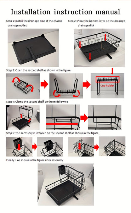 Égouttoir à vaisselle en métal à 2 niveaux avec porte-couverts, porte-gobelets et plateau d'égouttage antirouille – Égouttoir compact pour plan de travail de cuisine, égouttoir en acier durable pour tous types de surfaces