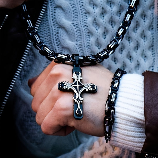 Ensemble de colliers croix en acier inoxydable pour homme, 2 pièces, chaîne cubaine avec pendentif croix, bijoux rétro hip-hop pour homme - Collier imposant, cadeau pour lui, anniversaire, Noël