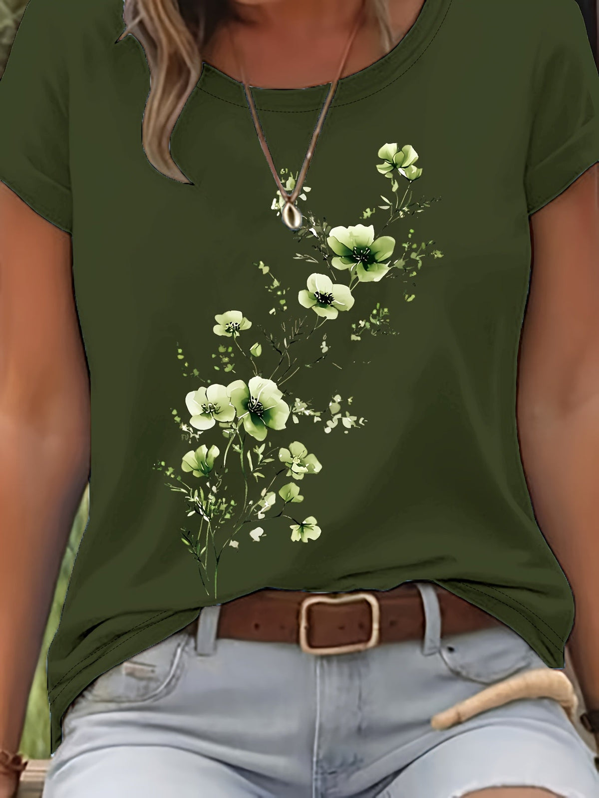 T-shirt pour femme à motif floral aquarelle – Haut décontracté élégant à col rond et manches courtes pour le printemps et l'été