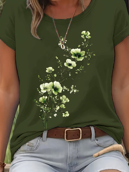 T-shirt pour femme à motif floral aquarelle – Haut décontracté élégant à col rond et manches courtes pour le printemps et l'été