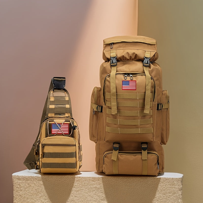 Ensemble tactique 2 pièces : Sac à dos et sac de poitrine - Sac d'assaut 80 L pour 3 jours pour homme, sac à dos militaire en polyester avec système MOLLE pour la randonnée, le camping, la chasse, les voyages et les sports de plein air