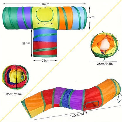 Tunnel pour chat pliable avec balle et ouvertures – Jouet tube arc-en-ciel à 3 voies en forme de S, pliable et connectable pour chats et chatons d'intérieur, configuration de jeu personnalisable