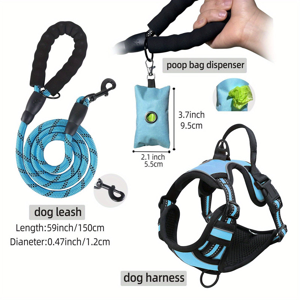 Ensemble laisse, harnais et distributeur de sacs à déjections pour chien – Harnais gilet réglable, respirant et anti-fugue pour chiens de taille moyenne à grande avec bandes réfléchissantes – Kit de promenade anti-traction rembourré avec porte-sac intégré