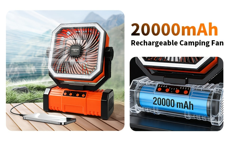 Ventilateur de camping portable 20 000 mAh avec télécommande, lumières LED, 4 vitesses et rotation à 360° – Ventilateur oscillant rechargeable sur batterie pour camping en plein air, camping-car et voyage