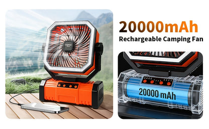 Ventilateur de camping portable 20 000 mAh avec télécommande, lumières LED, 4 vitesses et rotation à 360° – Ventilateur oscillant rechargeable sur batterie pour camping en plein air, camping-car et voyage