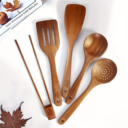 Ensemble d'ustensiles de cuisine en bois 3/5/7 pièces, cuillères, spatules, spurtle, louche et spatule à wok en bois naturel avec poignées ergonomiques, outils de cuisine robustes, résistants à la chaleur et sans danger pour les revêtements antiadhésifs