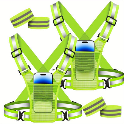 Lot de 2 gilets de running réfléchissants avec support pour téléphone et 2 bracelets réfléchissants – Équipement de sécurité haute visibilité pour hommes et femmes, jogging, promenade de chien, cyclisme