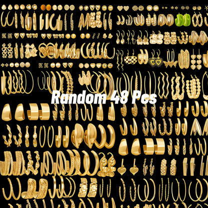Lot de 48 paires de boucles d'oreilles bohèmes dorées pour femmes – Assortiment de clous, créoles et pendantes minimalistes vintage – Idéal pour le quotidien, les fêtes, les vacances et les cadeaux