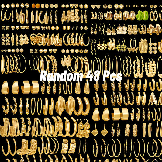 Lot de 48 paires de boucles d'oreilles bohèmes dorées pour femmes – Assortiment de clous, créoles et pendantes minimalistes vintage – Idéal pour le quotidien, les fêtes, les vacances et les cadeaux