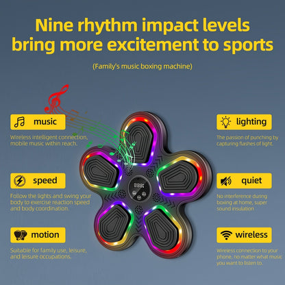 Machine de boxe musicale intelligente avec gants – Montage mural, éclairage rythmique LED, Bluetooth, 9 modes de vitesse, compteur de coups LED intelligent, cadeau de fitness pour salle de sport à domicile pour adultes et adolescents