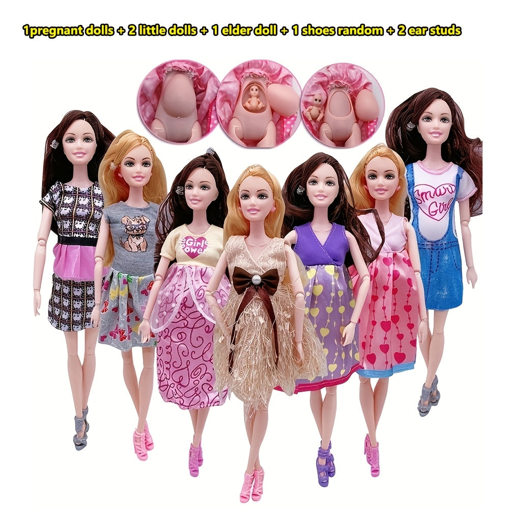 Poupée mannequin enceinte de 30 cm avec articulations mobiles, maman poupée avec 2 bébés, poupée aînée, boucles d'oreilles, chaussures, robe moderne, poupée princesse, jouet éducatif pour filles de 3 ans et plus