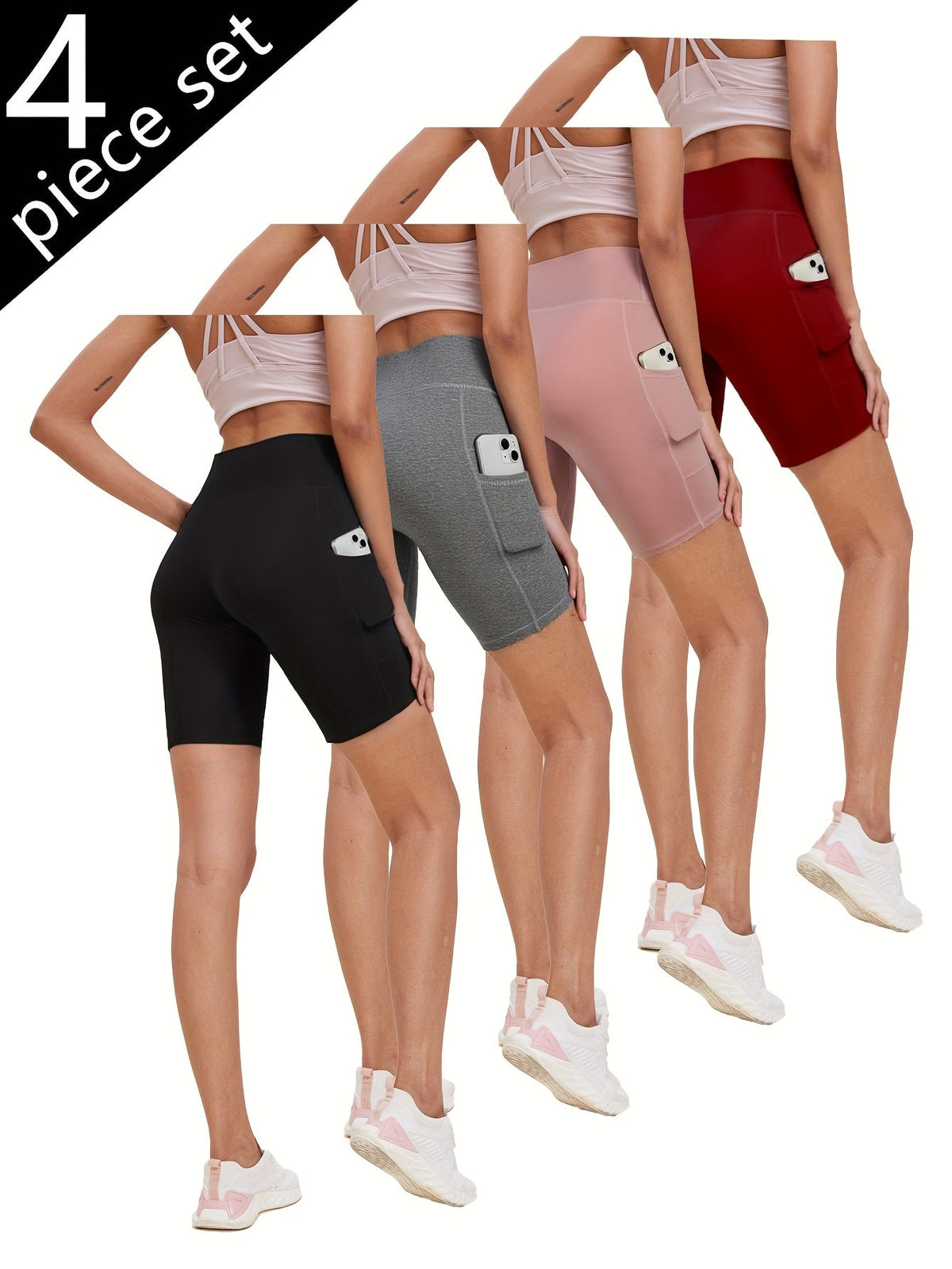 Shorts de yoga taille haute pour femmes, lot de 4, effet push-up, 5 poches – Shorts de sport respirants, extensibles et sans couture pour l'été, le yoga, le Pilates et l'entraînement en salle (Rouge, Noir, Gris, Bleu marine)