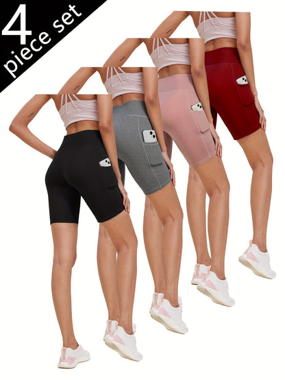 Shorts de yoga taille haute pour femmes, lot de 4, effet push-up, 5 poches – Shorts de sport respirants, extensibles et sans couture pour l'été, le yoga, le Pilates et l'entraînement en salle (Rouge, Noir, Gris, Bleu marine)