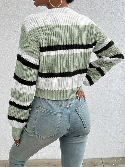 Pull court à rayures color block, épaules tombantes, pour femme, automne-hiver, pull en maille coupe ample, col rond, manches longues, S-XL