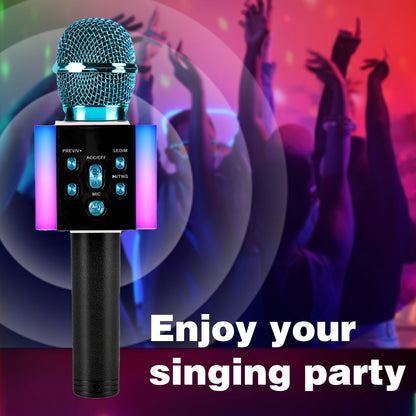 Microphone karaoké sans fil 5-en-1 avec haut-parleur intégré, lumières LED et changeur de voix – Micro de chant Bluetooth portable pour fêtes, réunions de famille, voyages et activités en plein air, 10 couleurs