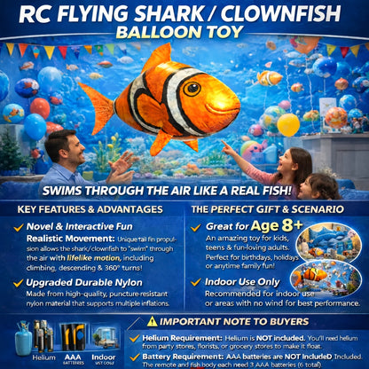 Jouet ballon gonflable requin volant télécommandé, poisson planeur flottant dans les airs, 145 cm, intérieur extérieur, cadeau d'anniversaire, Noël, Halloween pour enfants et adolescents, requin bleu ou poisson-clown orange