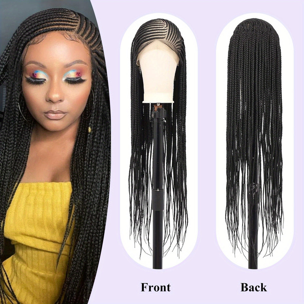 Perruque Box Braid HD Lace Front pour femmes noires, 36 pouces – Full Lace Frontal synthétique, ligne de cheveux naturelle, pour tous les jours et les fêtes, noire