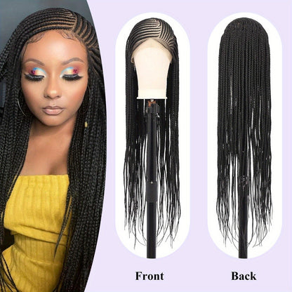 Perruque Box Braid HD Lace Front pour femmes noires, 36 pouces – Full Lace Frontal synthétique, ligne de cheveux naturelle, pour tous les jours et les fêtes, noire