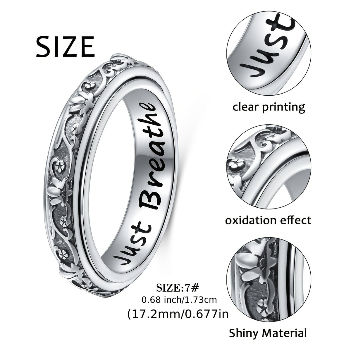 Bague anti-anxiété en argent sterling 925 avec motif fleur de lotus – Anneau rotatif oxydé « Just Breathe » pour soulager le stress, le TDAH, l'autisme et le yoga, bague unisexe pour l'inquiétude, tailles 57-67, cadeau pour femmes et hommes